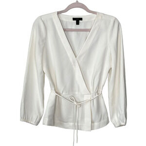 J. Crew Ivory Faux Wrap Peplum Blouse 2 V-Neck Long Sleeves Tie Waist Side Zip